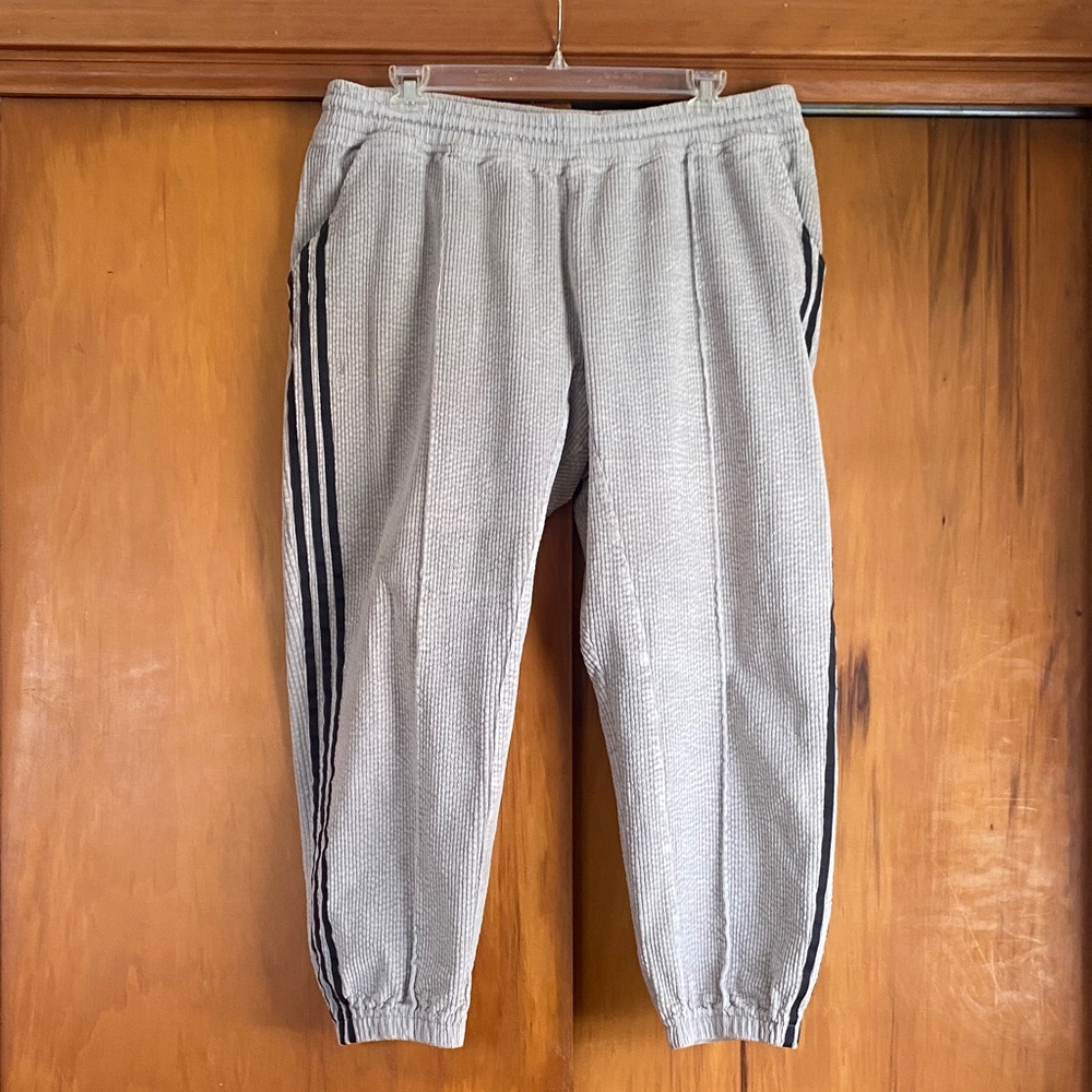 adidas x Ivy Park Collab Gray Corduroy Joggers Black Stripes Pockets Drawstring
